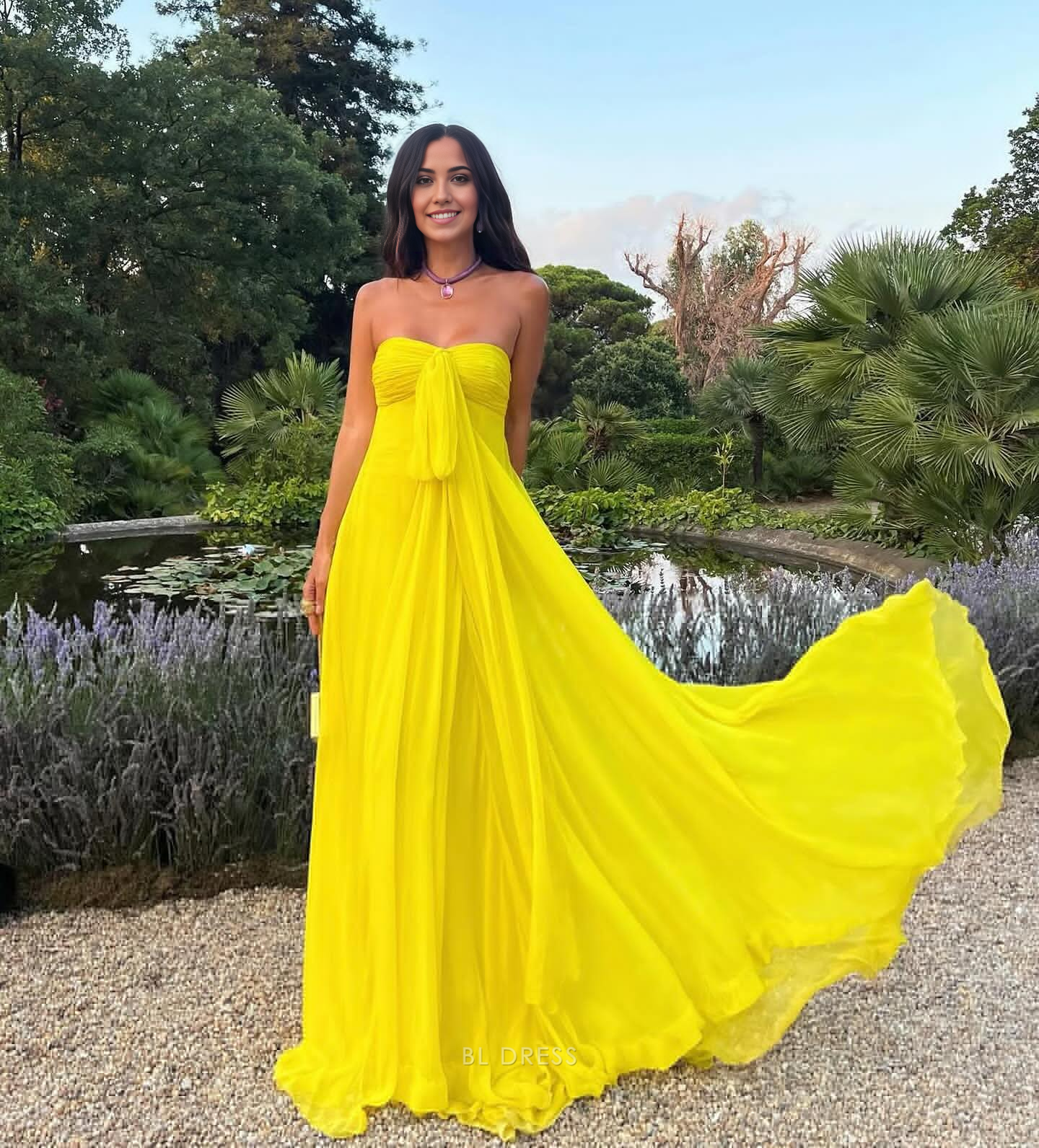 A Line Strapless Yellow formal dresses Bridesmaid Dresses evening gown Prom Dress