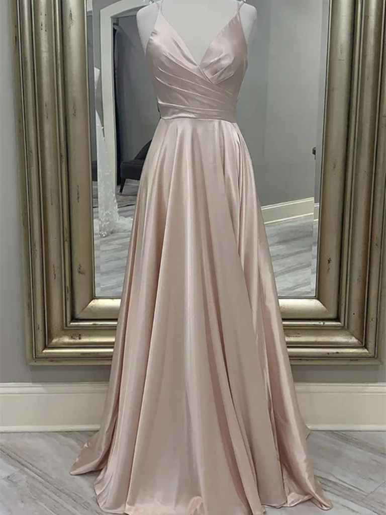 A Line V Neck Satin Long Prom Dresses