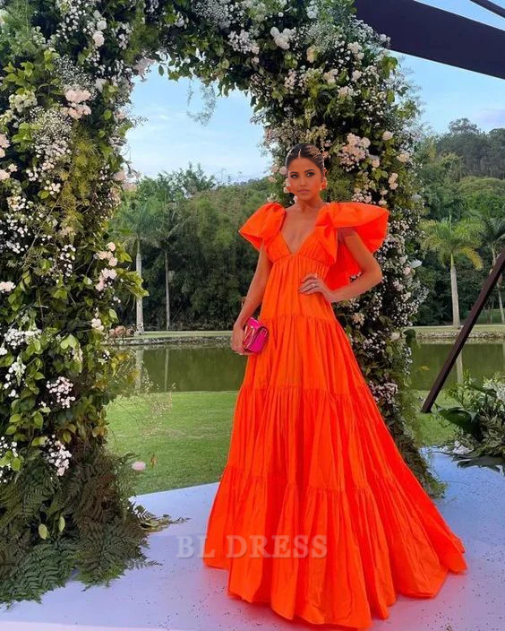 A Line Elegant V Neck Prom Dress Orange formal dresses Bridesmaid Dresses evening gown Prom Dress