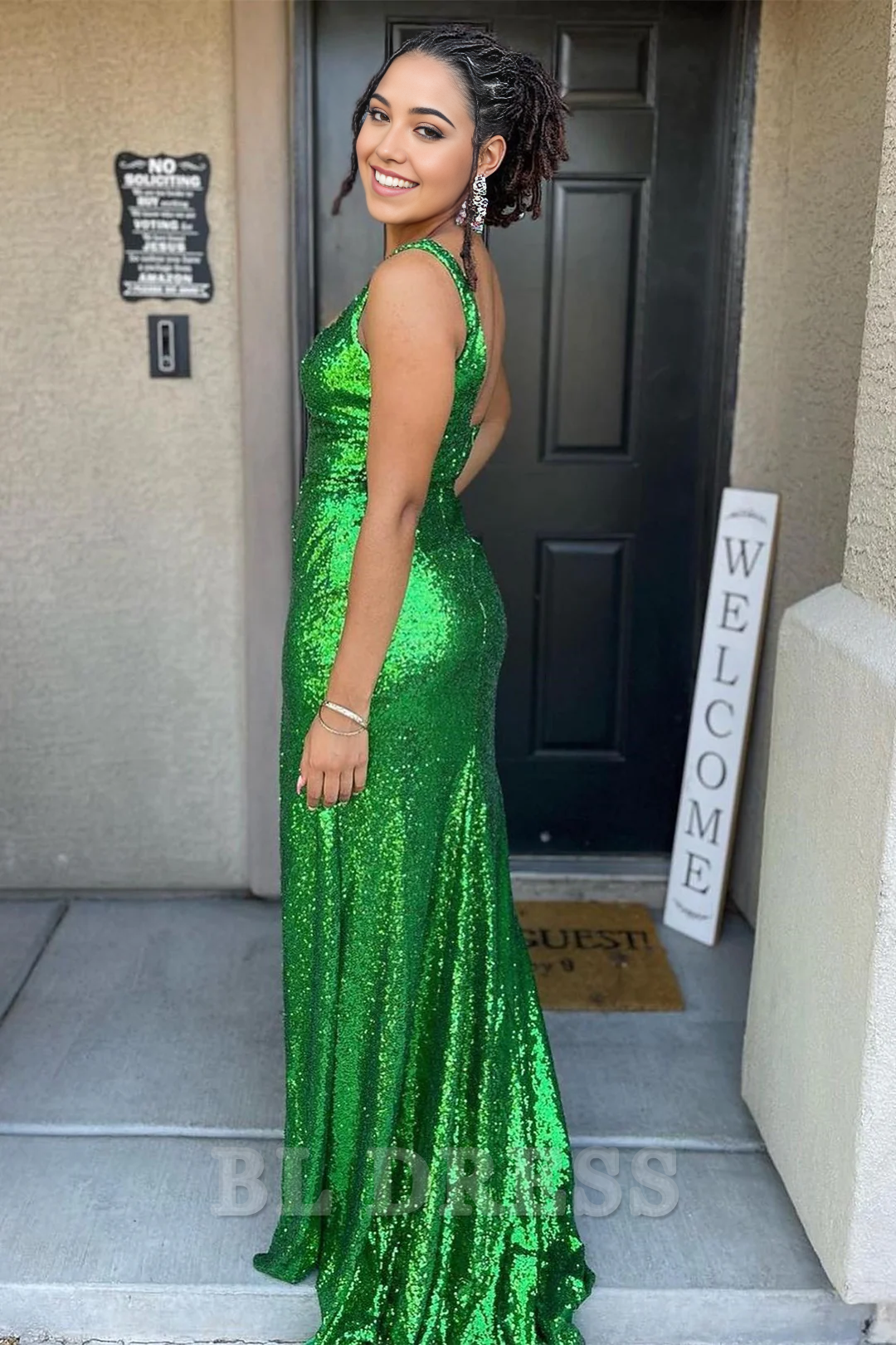 Mermaid Sequin Square Neck Green Long formal dresses Bridesmaid Dresses evening gown Prom Dress with Slit