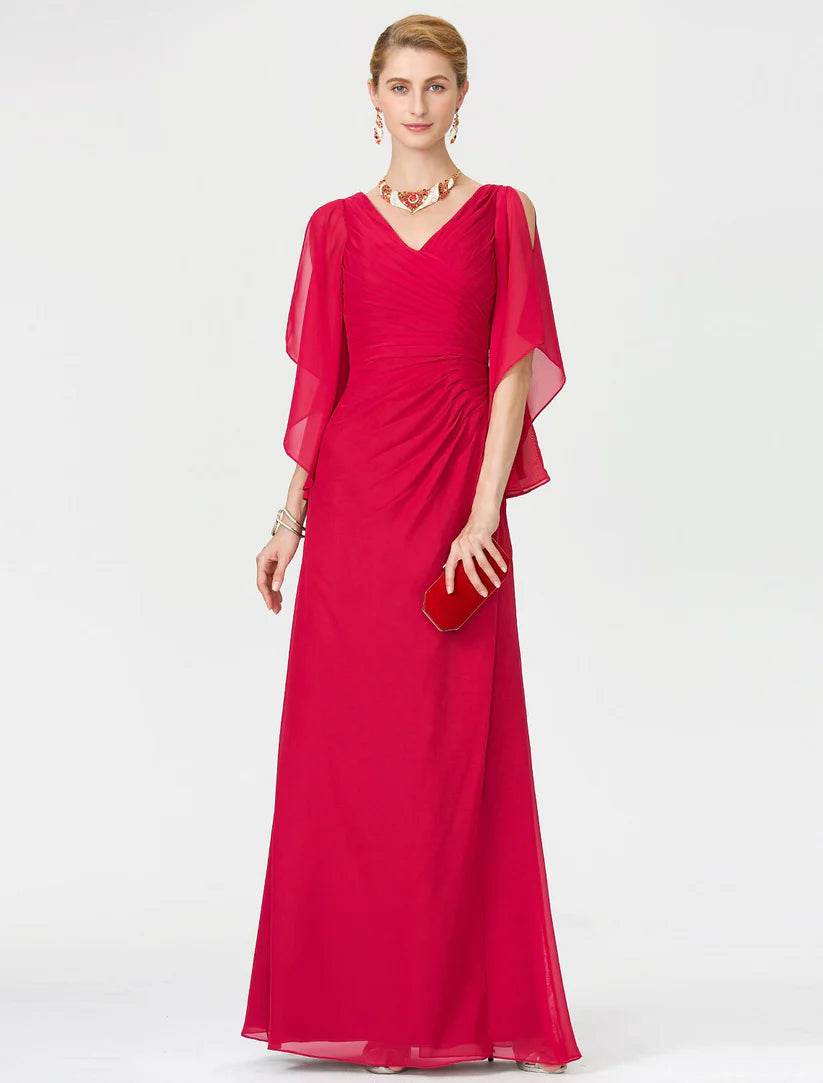 Sheath / Column Mother of the Bride Dress Furcal V Neck Floor Length Chiffon Half Sleeve No with Criss Cross Split Front