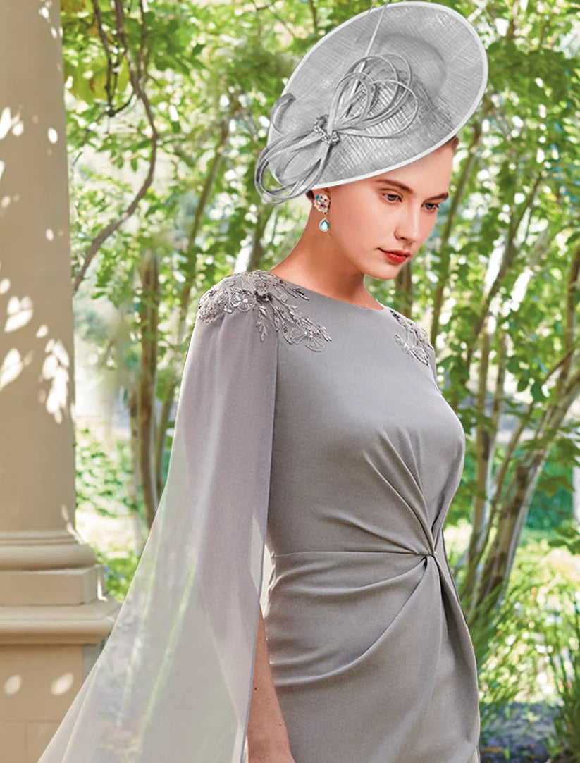 Etuikleid/Säulenkleid für die Brautmutter, formelle Party, elegant, U-Ausschnitt, knöchellang, Chiffon, lange Ärmel mit Applikationen, geschlitzte Vorderseite, Rüschen