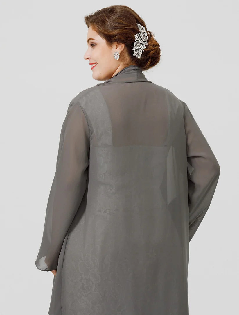 Sheath / Column Mother of the Bride Dress Formal Elegant & Luxurious Plus Size Convertible Dress Straps Tea Length Chiffon All Over Lace Sleeveless yes with Lace