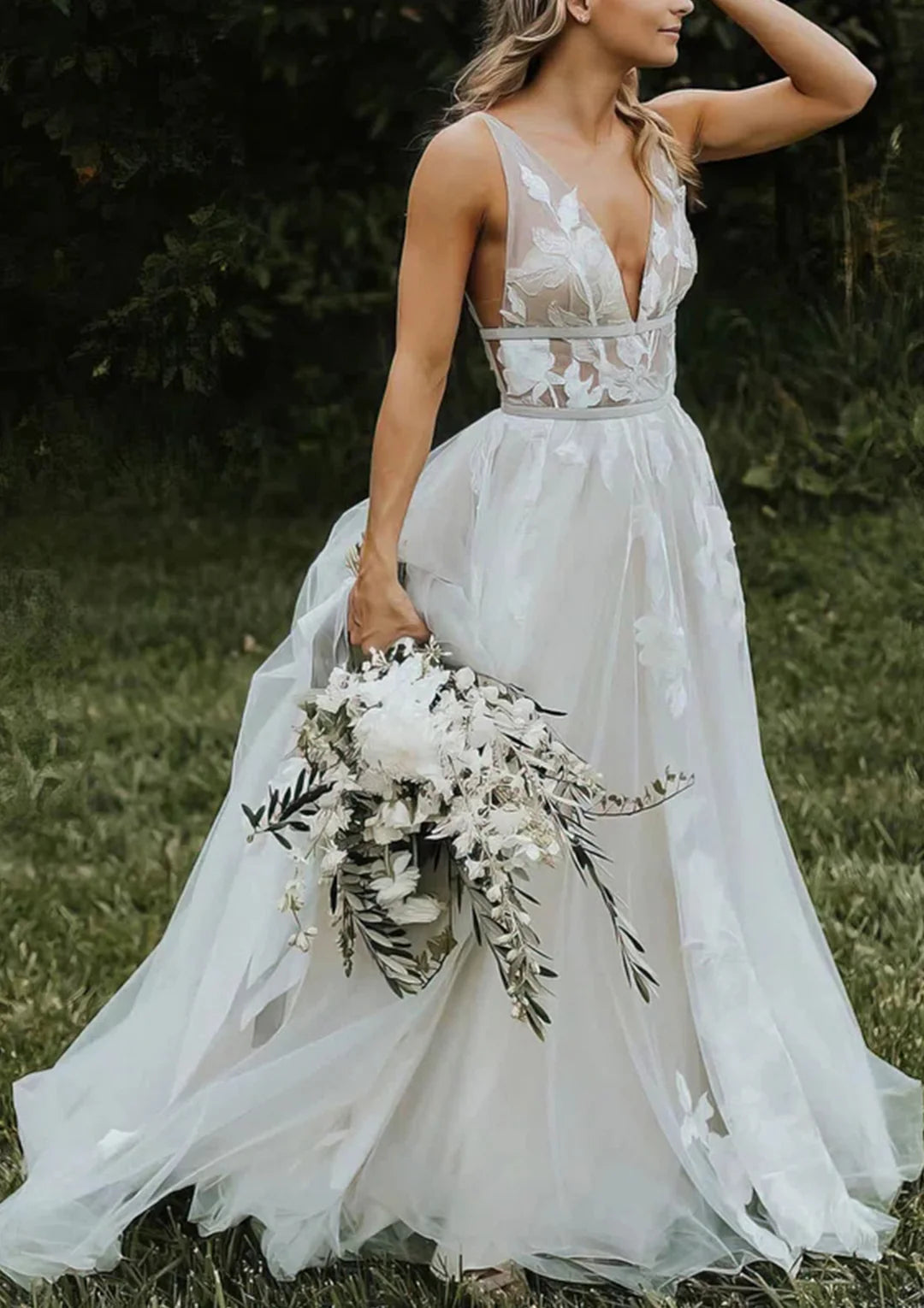 A-Line V Neck Floor Length Wedding Dress