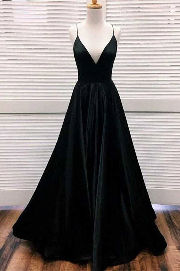 A-line V-neck Spaghetti Straps Satin Long Prom Dresses