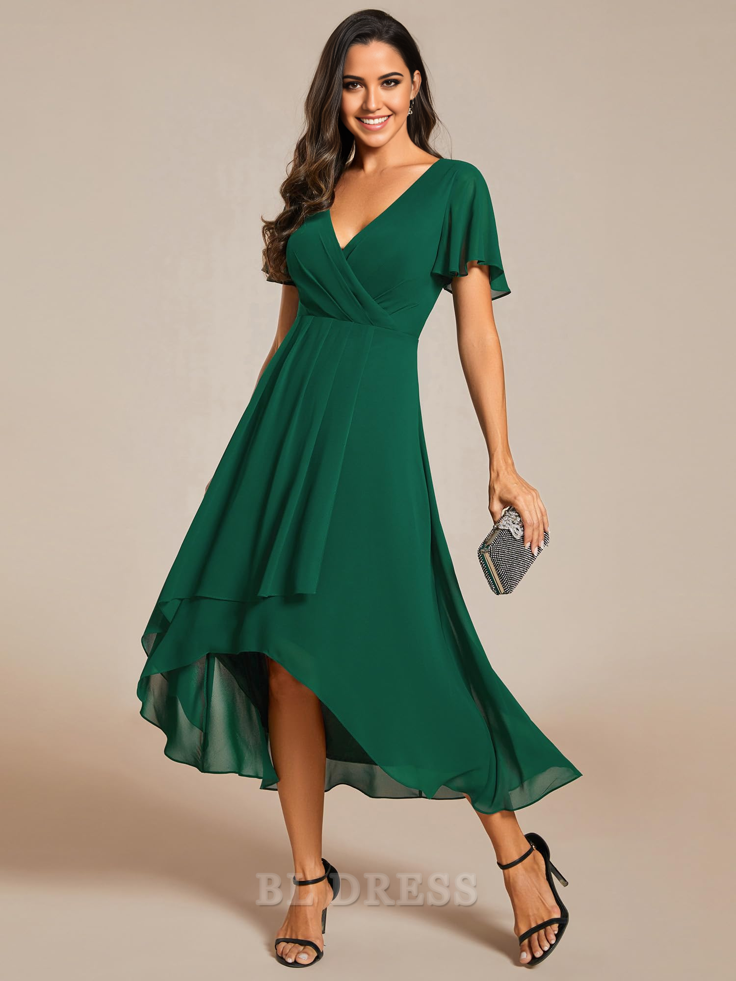 A Line V Neck Ruffle Sleeves Pleated High Low formal dresses Bridesmaid Dresses evening gown Prom Dress