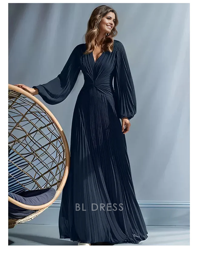 A-Line V-Neck Long Sleeves Pleated Floor-Length Guest Dresses For Wedding Mother of the Bride Dresse