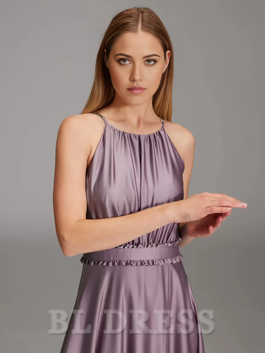 A-Line Floor-Length Satin formal dresses evening gown Prom Dress With Side Slit