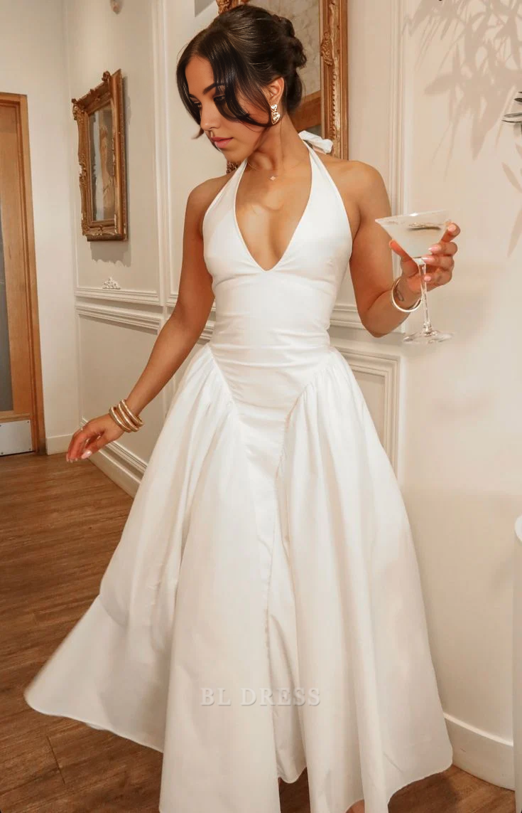 A line Halter Vintage White Satin Ankle Length formal dresses Bridesmaid Dresses evening gown Prom Dress