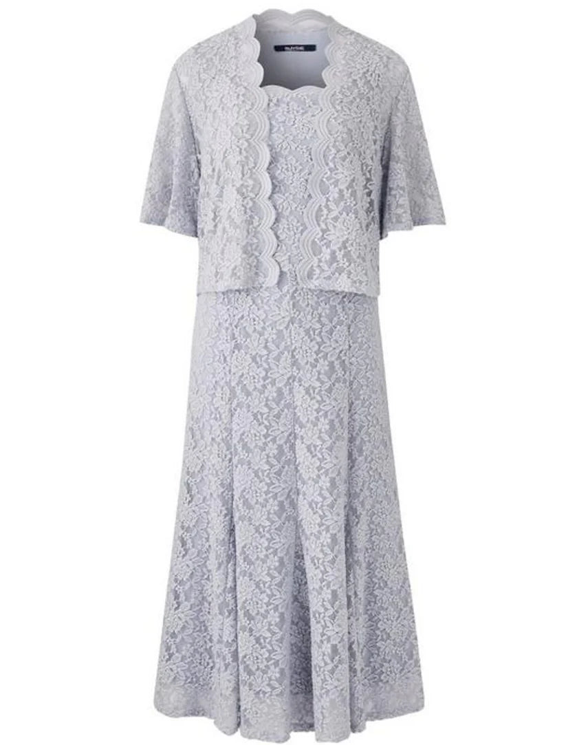 Sheath / Column Mother of the Bride Dress Elegant Scalloped Neckline Ankle Length Chiffon Lace Half Sleeve with Lace Pleats Applique