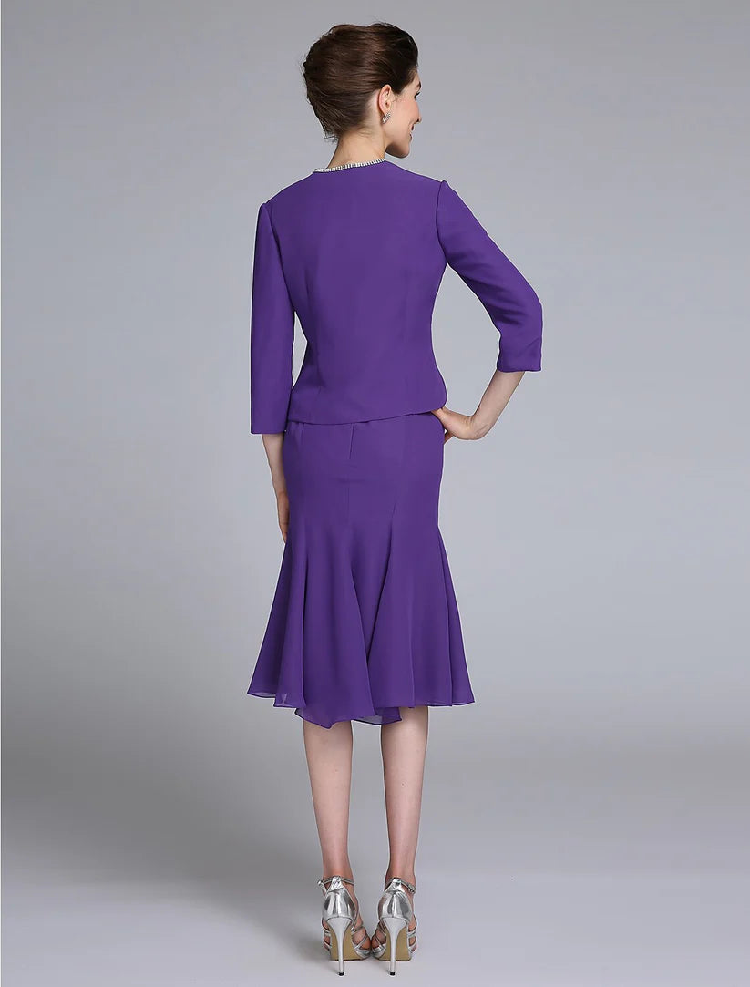 Mermaid / Trumpet Mother of the Bride Dress V Neck Knee Length Chiffon 3/4 Length Sleeve No with Beading