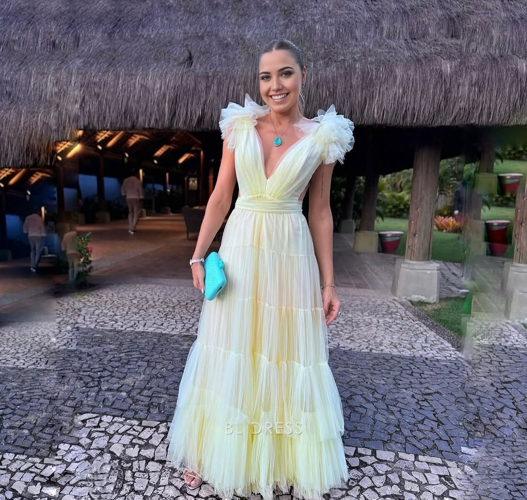 A Line V Neck Tulle Yellow Long formal dresses Bridesmaid Dresses evening gown Prom Dress