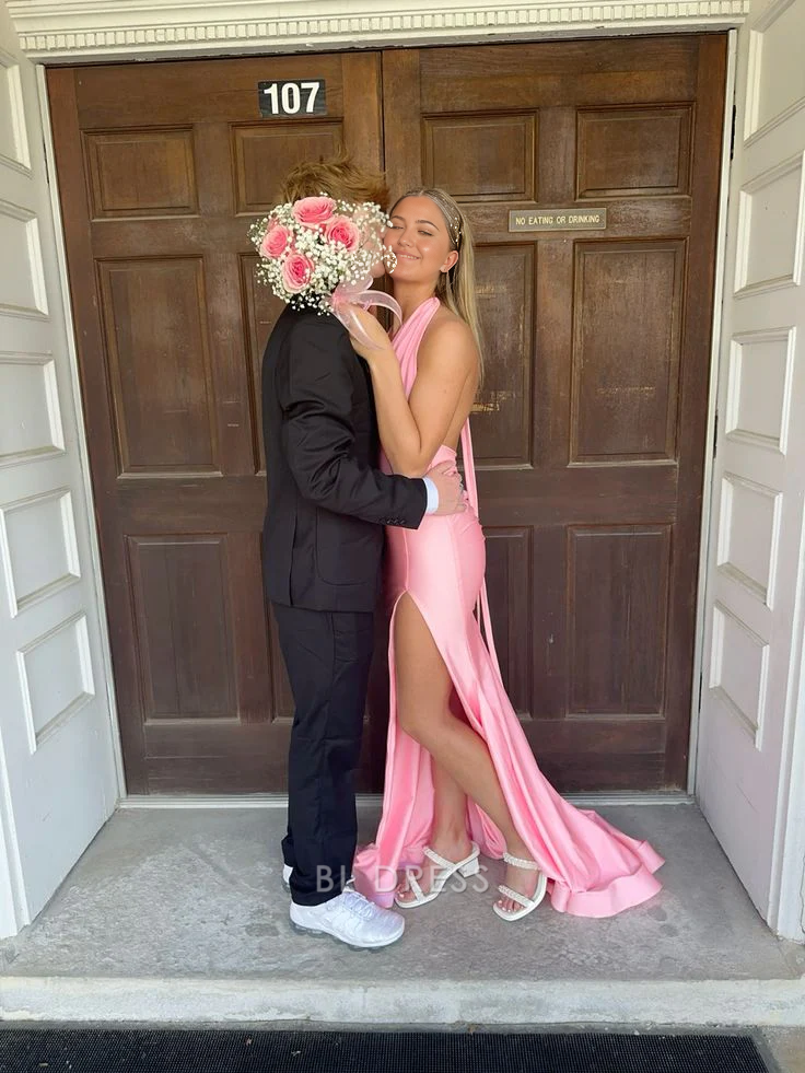 Mermaid Halter Satin Pink Long formal dresses Bridesmaid Dresses evening gown Prom Dress With Slit