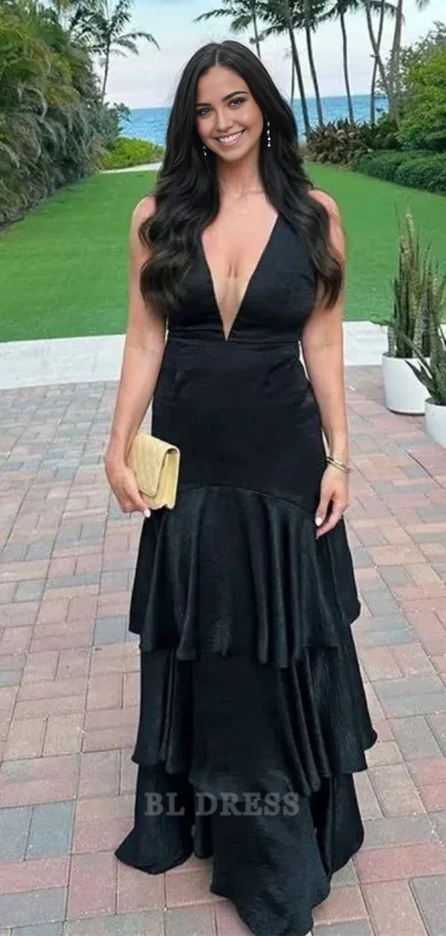 A Line V Neck Sleeveless Satin Ruffles formal dresses Bridesmaid Dresses evening gown Prom Dress