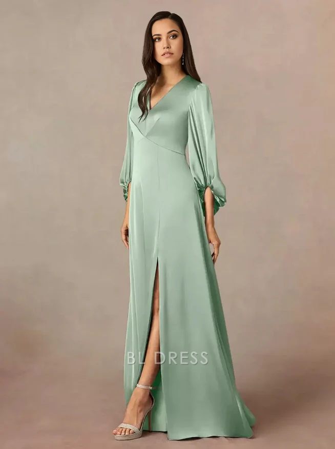 A-Line V-Neck 3/4 Length Sleeves Pleated Floor-Length Wedding Guest Dresses Mother of the Bride Dresse