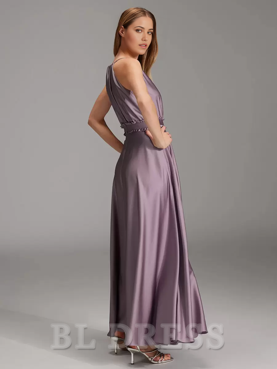 A-Line Floor-Length Satin formal dresses evening gown Prom Dress With Side Slit
