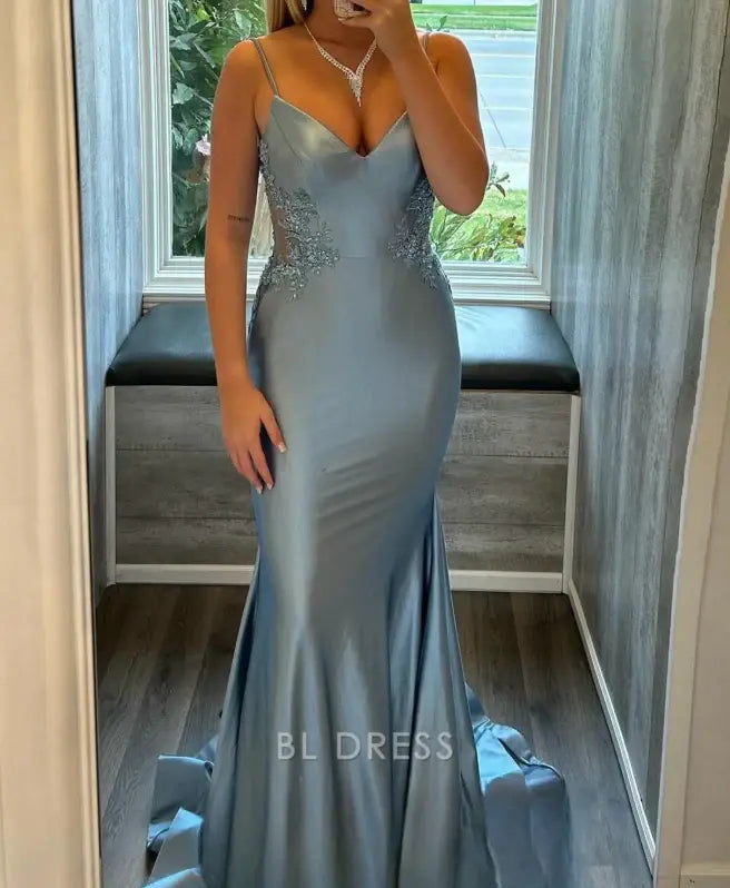 Mermaid Elegant Spaghetti Straps Blue Appliques formal dresses Bridesmaid Dresses evening gown Prom Dress
