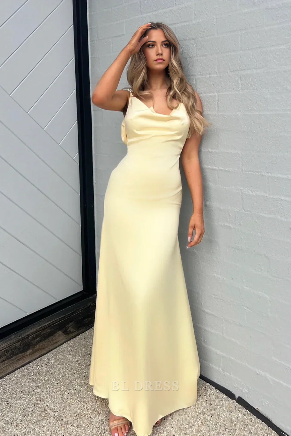 Sheath Spaghetti Straps Yellow Long formal dresses Bridesmaid Dresses evening gown Prom Dress with Pearl