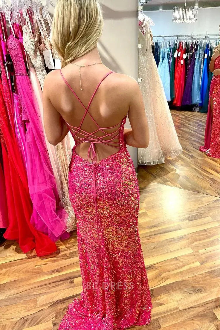 Mermaid Lace-Up Back Scoop Neck Hot Pink Long formal dresses Bridesmaid Dresses evening gown Prom Dress with Slit