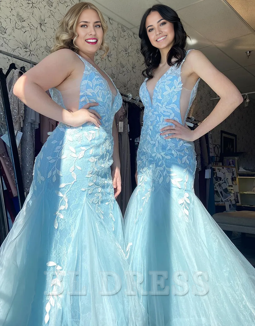 plus size Mermaid Sparkly V Neck Tulle Long Blue formal dresses Bridesmaid Dresses evening gown Prom Dress with Appliques