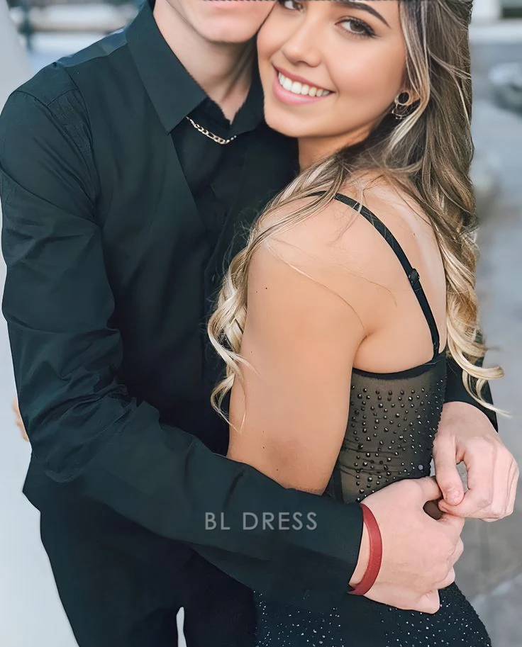 Mermaid Spaghetti Straps Sexy Black Tulle Beaded Slit formal dresses Bridesmaid Dresses evening gown Prom Dress