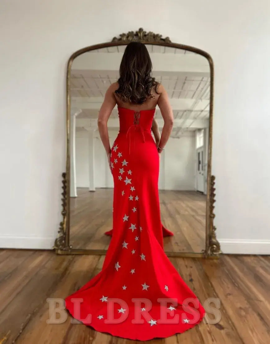 Sheath Strapless Long formal dresses evening gown Prom Dress With Pentagrams