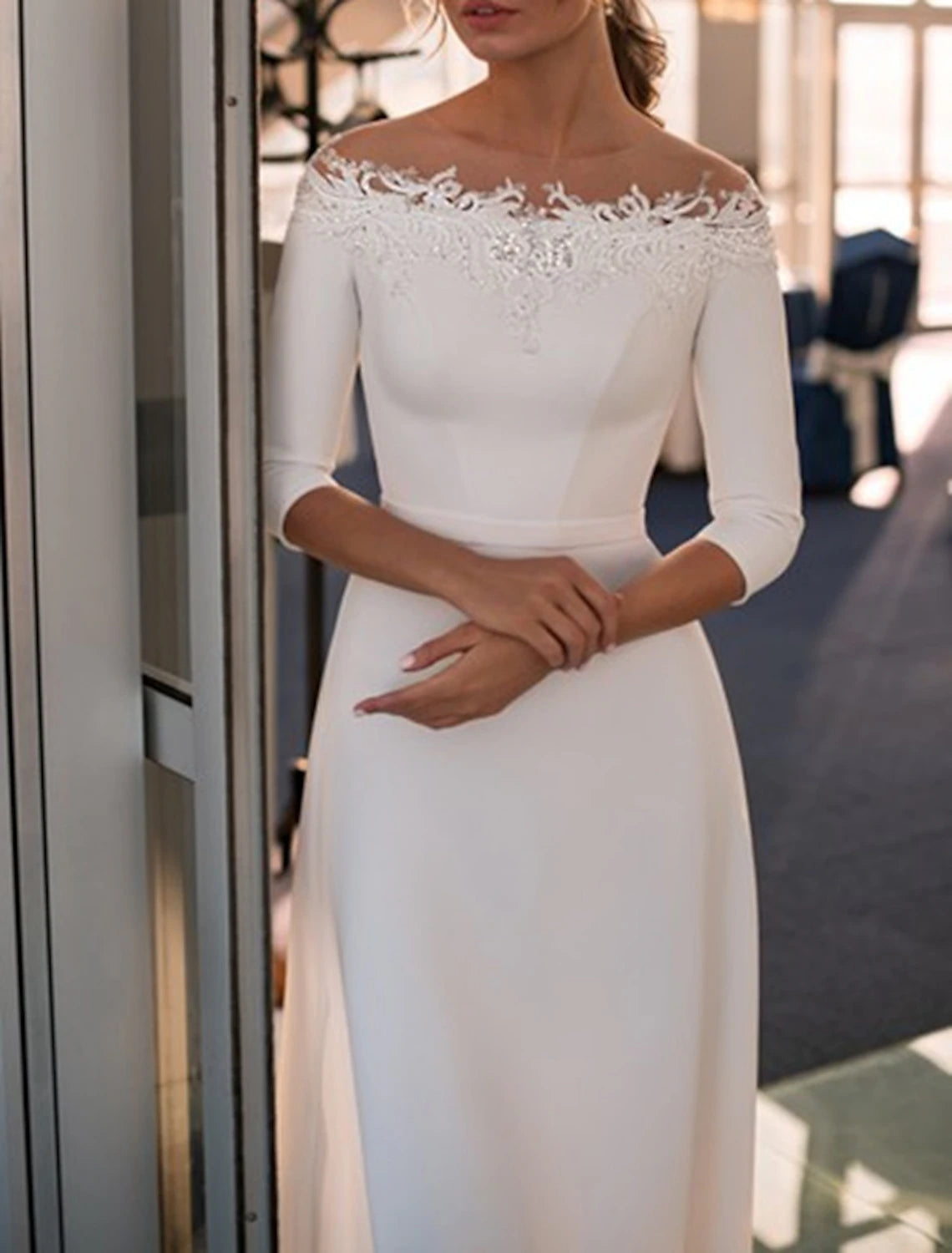 A-Line Off Shoulder 3/4 Length Sleeve Sweep Wedding Dresses / Brush Train Lace Bridal Gowns With Appliques Solid Color