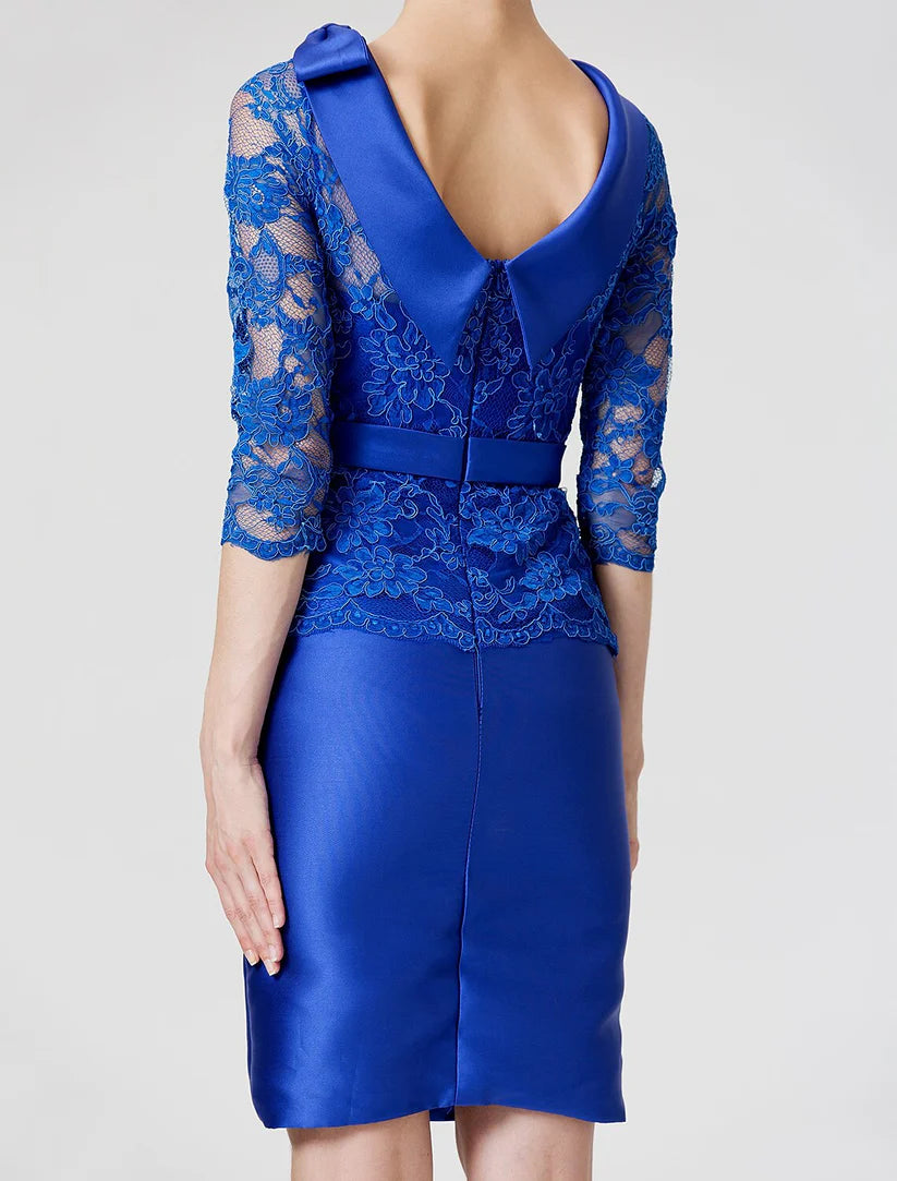 Sheath / Column Mother of the Bride Dress Formal Elegant Vintage Inspired High Neck Knee Length Stretch Satin Sheer Lace 3/4 Length Sleeve No with Sash / Ribbon Bow(s)