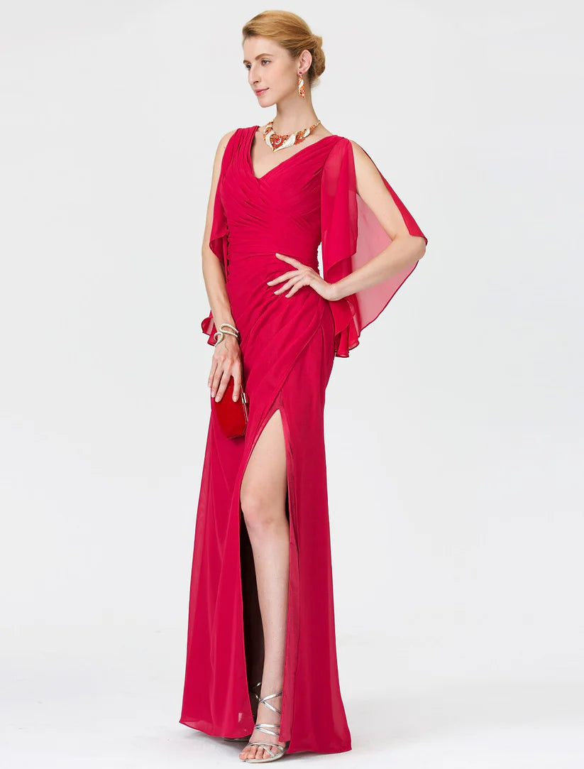 Sheath / Column Mother of the Bride Dress Furcal V Neck Floor Length Chiffon Half Sleeve No with Criss Cross Split Front