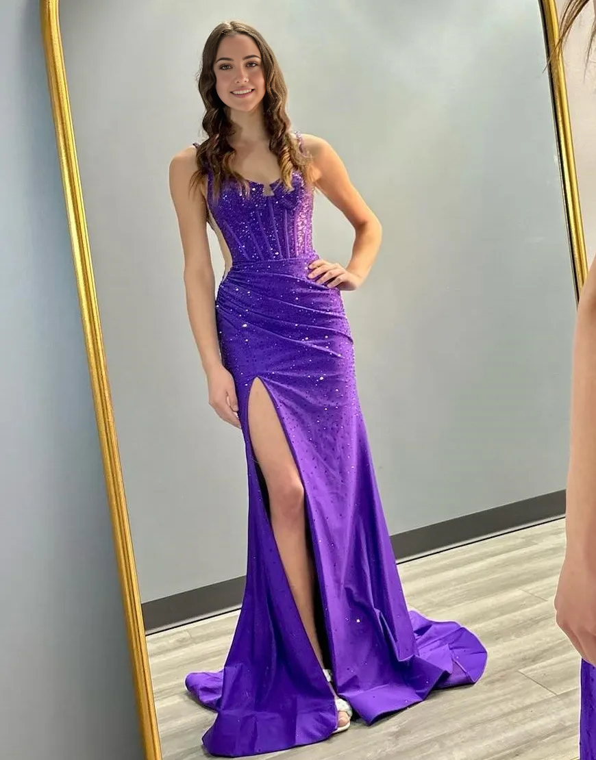 Mermaid Sparkly Violet Beaded Corset Spaghetti Straps Long formal dresses evening gown Prom Dress with Slit