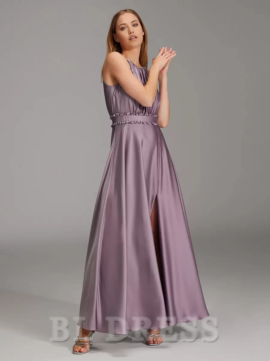 A-Line Floor-Length Satin formal dresses evening gown Prom Dress With Side Slit