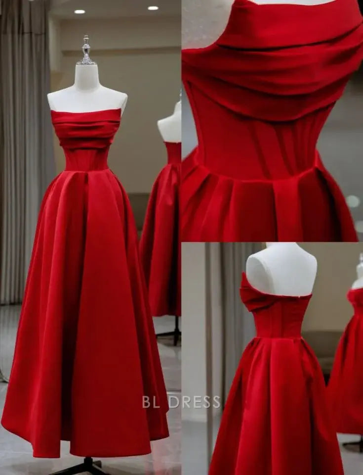 A Line Strapless Satin Backless Pleated Floor Length formal dresses Bridesmaid Dresses evening gown Prom Dress