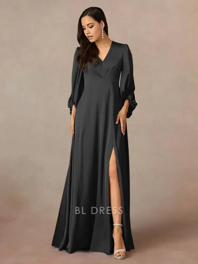 A-Line V-Neck 3/4 Length Sleeves Pleated Floor-Length Wedding Guest Dresses Mother of the Bride Dresse
