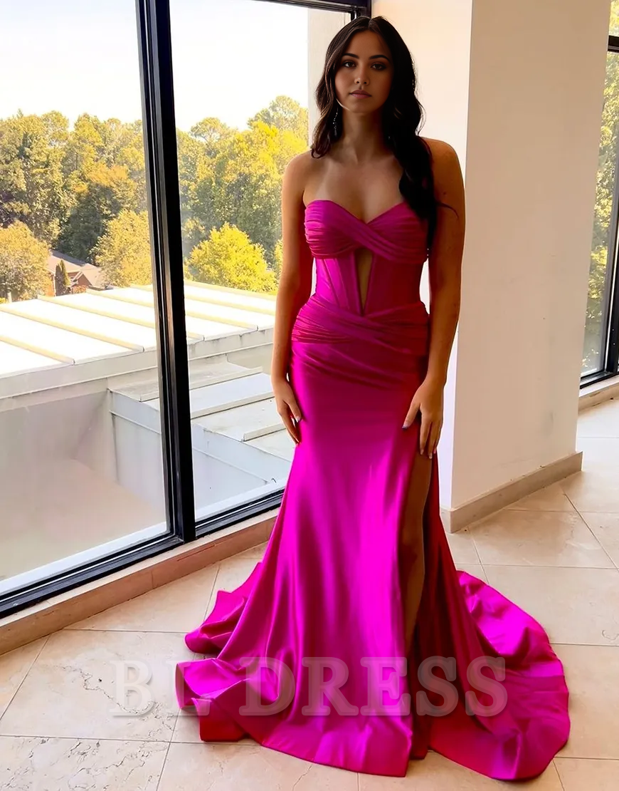 Mermaid Strapless Ruched Satin Long Fuchsia formal dresses evening gown Prom Dress with Slit