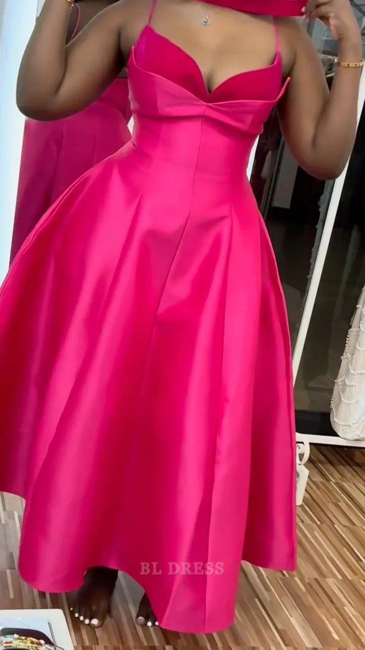 A line Vintage Spaghetti Straps Hot Pink Satin Ankle Length formal dresses Bridesmaid Dresses evening gown Prom Dress