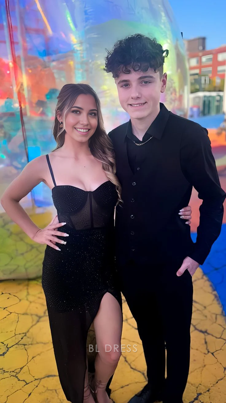 Mermaid Spaghetti Straps Sexy Black Tulle Beaded Slit formal dresses Bridesmaid Dresses evening gown Prom Dress