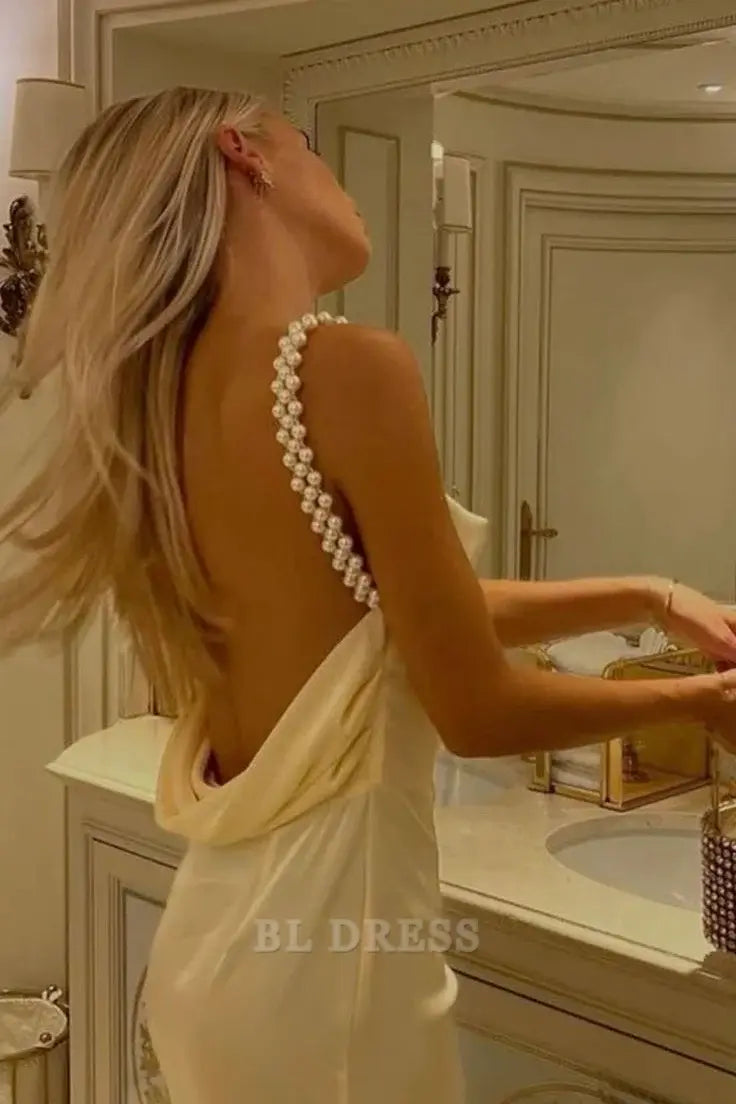 Sheath Spaghetti Straps Yellow Long formal dresses Bridesmaid Dresses evening gown Prom Dress with Pearl