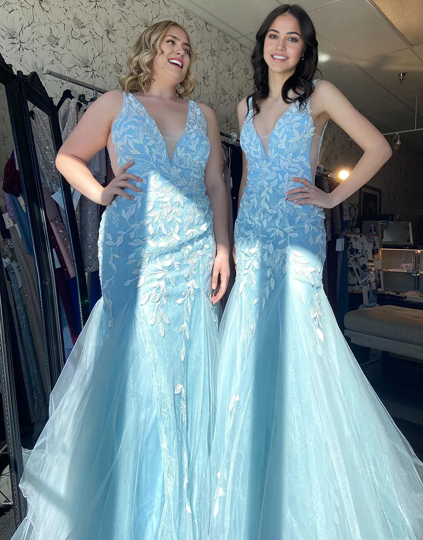 plus size Mermaid Sparkly V Neck Tulle Long Blue formal dresses Bridesmaid Dresses evening gown Prom Dress with Appliques