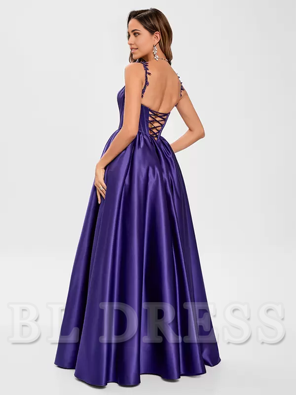A-Line Square Neck Sleeveless Satin Applique formal dresses Bridesmaid Dresses evening gown Prom Dress