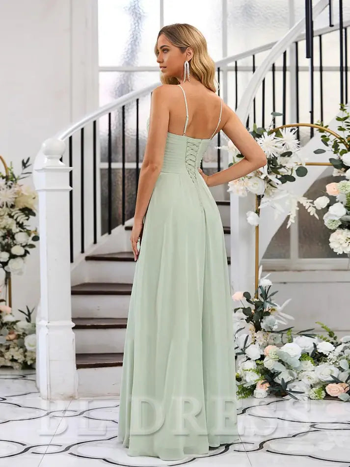 A-line V-Neck Spaghetti Straps formal dresses evening gown Prom Dress with Split