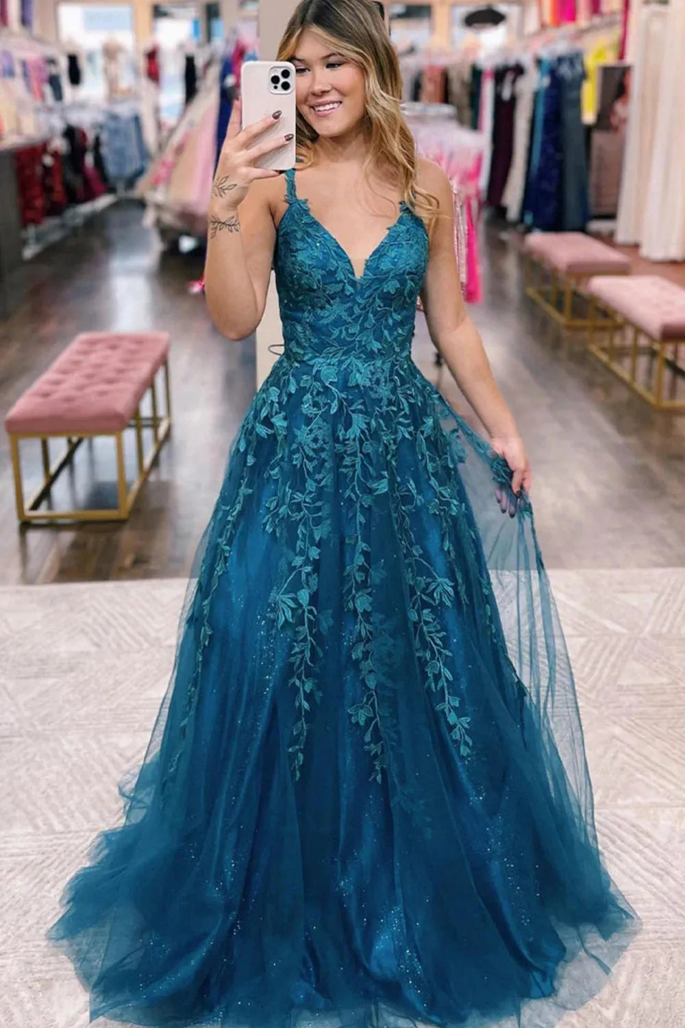 A-Line Glitter Lace Long Prom Dress