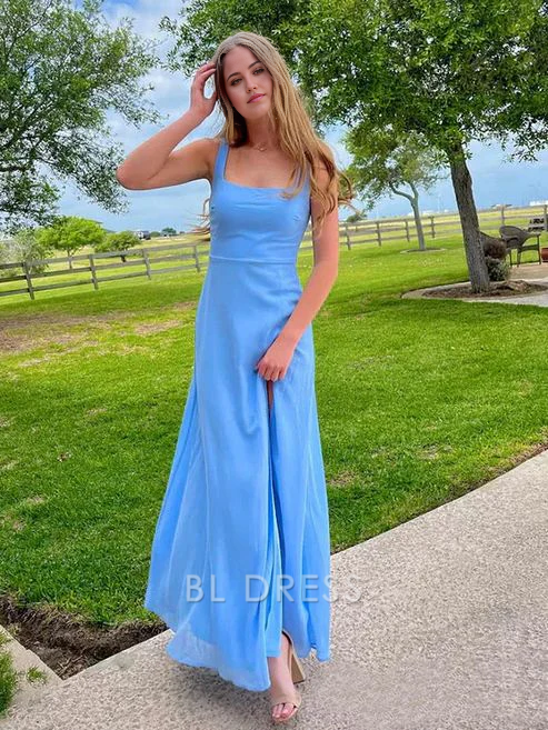 A-line Square Neck Straps Blue formal dresses Bridesmaid Dresses evening gown Prom Dress