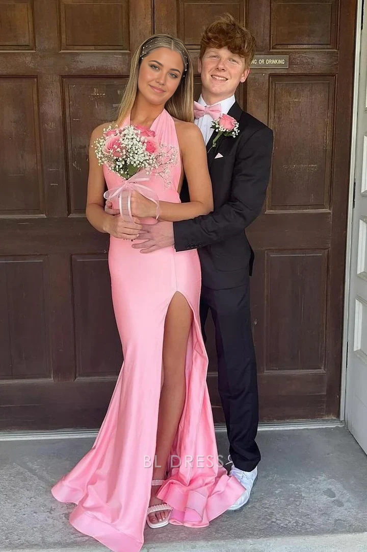 Mermaid Halter Satin Pink Long formal dresses Bridesmaid Dresses evening gown Prom Dress With Slit