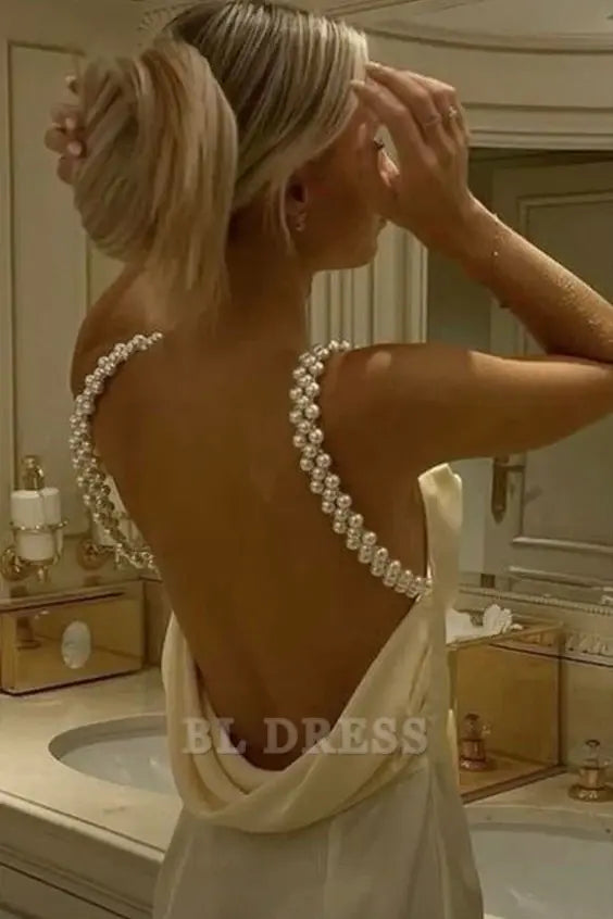 Sheath Spaghetti Straps Yellow Long formal dresses Bridesmaid Dresses evening gown Prom Dress with Pearl