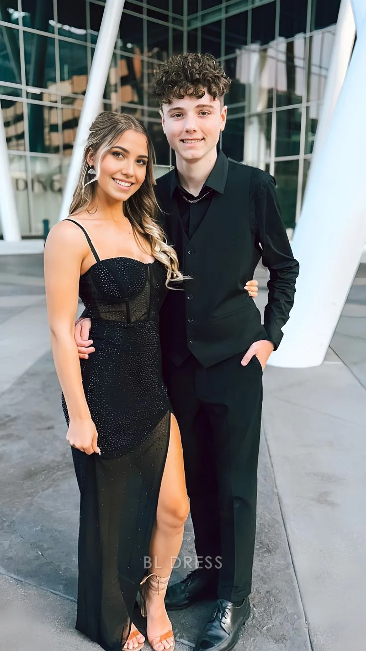 Mermaid Spaghetti Straps Sexy Black Tulle Beaded Slit formal dresses Bridesmaid Dresses evening gown Prom Dress