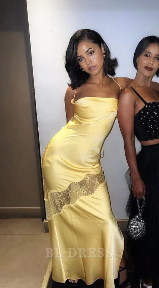 Sheath Spaghetti Straps Lace Sexy Yellow Satin formal dresses Bridesmaid Dresses evening gown Prom Dress