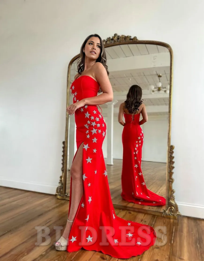 Sheath Strapless Long formal dresses evening gown Prom Dress With Pentagrams