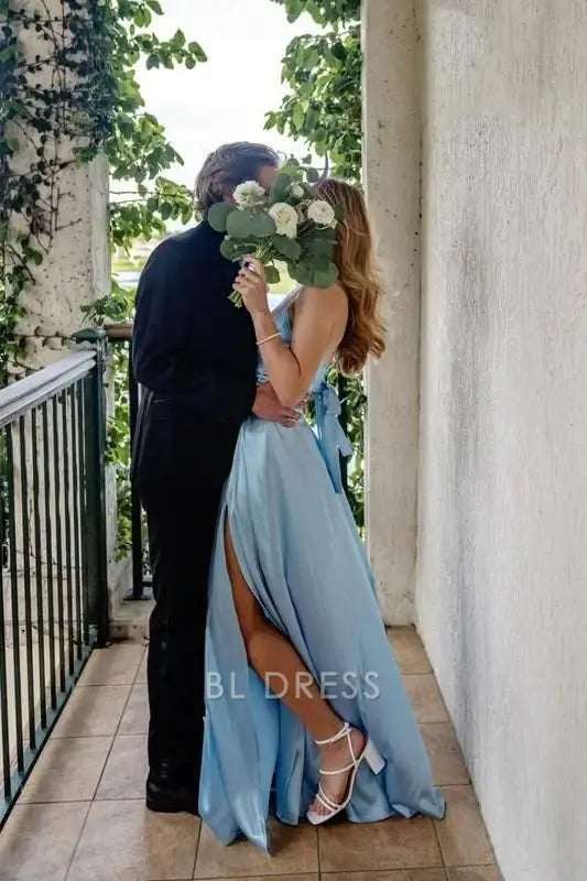 A line Straps Blue Satin formal dresses Bridesmaid Dresses evening gown Prom Dress