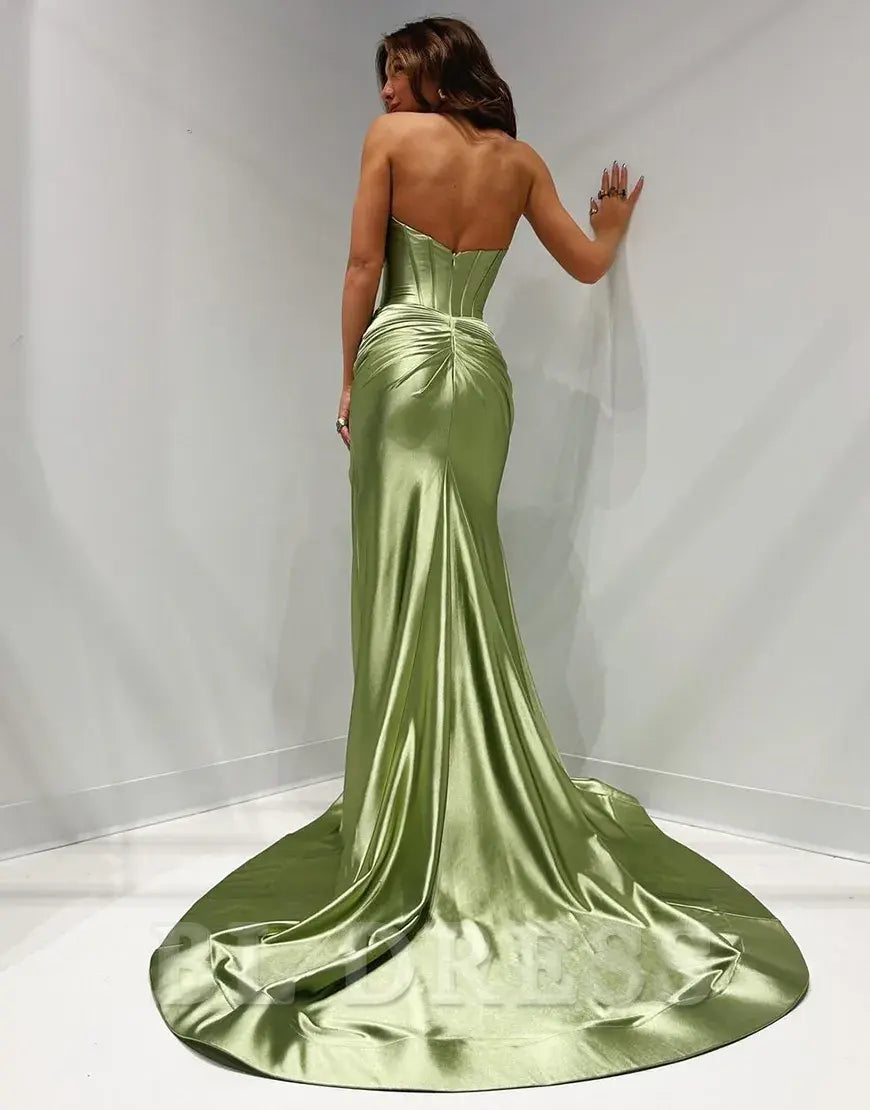 Mermaid Strapless Ruched Satin Long Fuchsia formal dresses evening gown Prom Dress with Slit