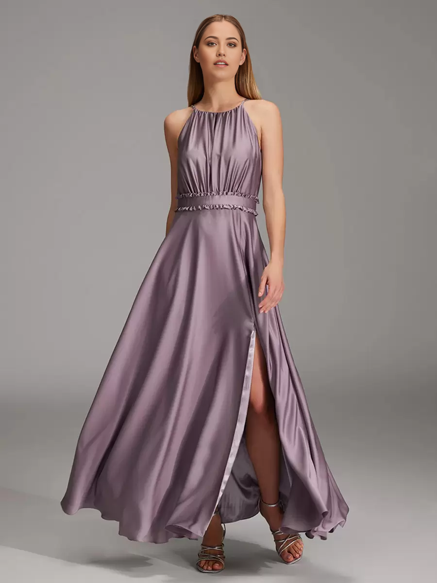 A-Line Floor-Length Satin formal dresses evening gown Prom Dress With Side Slit